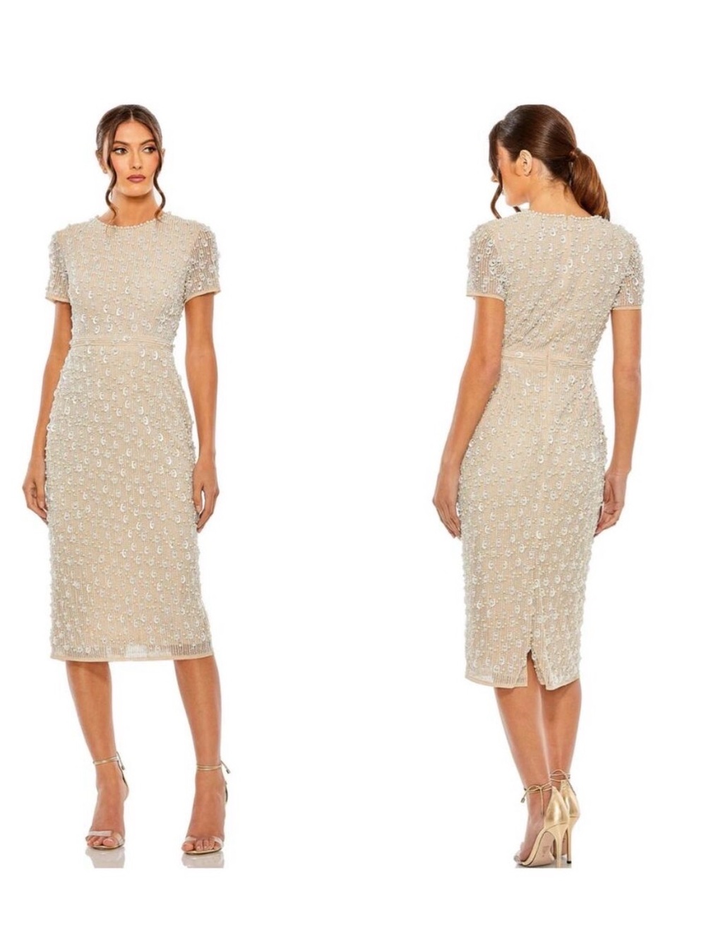 NWT Mac Duggal 93893 Nude [6] Embellished Short-Sleeve Midi Dress in Beige
